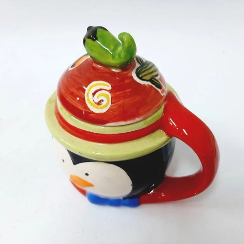 Vintage Glazed Ceramic Mug with Lid Hand Painted Penguin Design