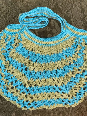 Handmade mesh market bag blue and green stripes, new