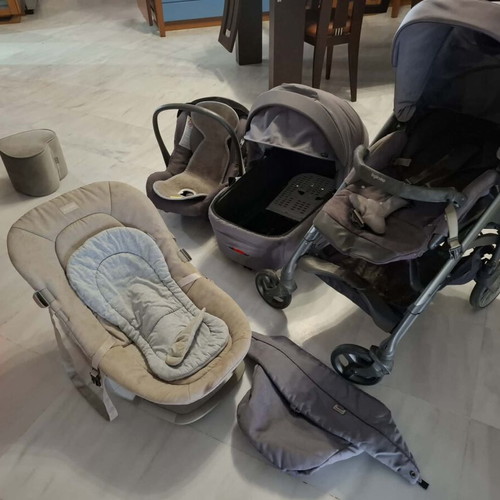 Inglesina stroller 3-in-1 used with car seat, footmuff, and music relax