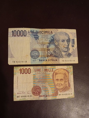 Old Italian Lire banknotes used, set 4/4, 1984-1990