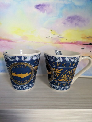 Collectible coffee cups like new, set of 2, Crete blue and gold