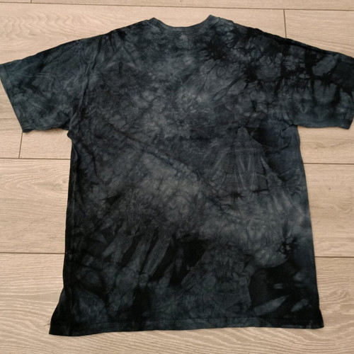 The Mountain T-shirt with wolf print and headphones, used, indigo tie-dye