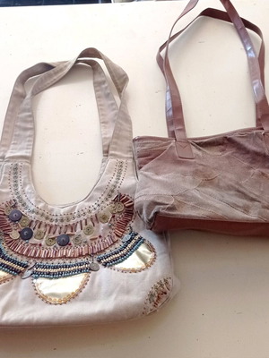 Shoulder bags used, pack of two, beige and brown, boho style