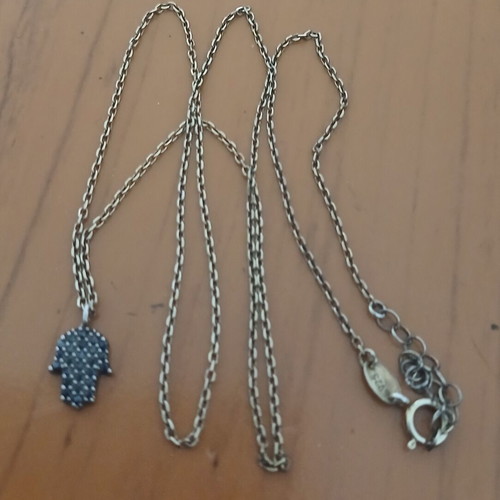 Silver necklace 925 Hamsa with black cubic zirconia pendant like new