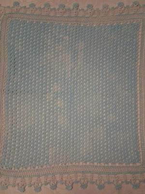 Handmade crochet table runner with lace in pale blue and ecru, new