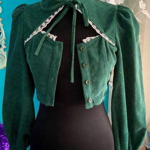 Shein green velvet corduroy cottagecore blouse new XS