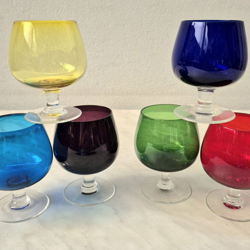 Vintage set of 6 colored balloon cognac glasses used