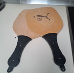 Wooden rackets used, length 41.5cm, width 22cm