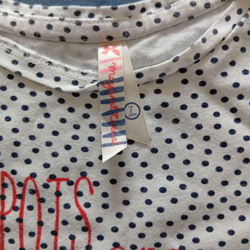 Mayoral short-sleeve children's blouse white with dark polka dots and ruffles size 7y/122cm like new