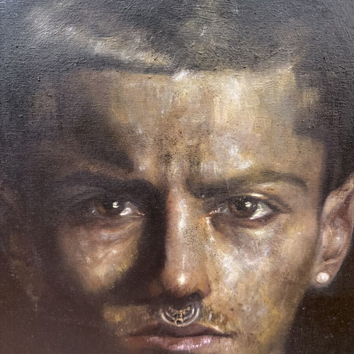 M. Tsakountis portrait oil painting in triple frame