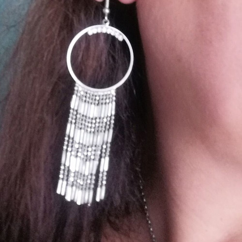 Long earrings new with hoop, rhinestones and dangling chains silver