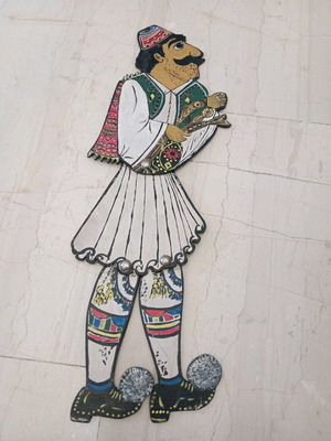 Handmade wooden shadow theatre figure Barbá Giórgis used