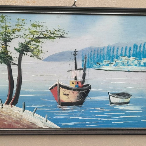 Oil painting like new with coastal scene and fishing boats