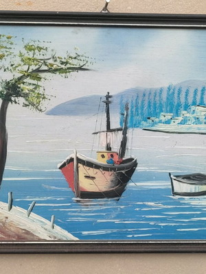 Oil painting like new with coastal scene and fishing boats