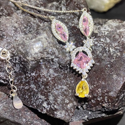 Silver Necklace with Natural Pink Tourmaline, Citrine and Moissanite