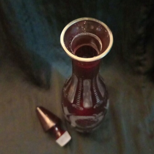 Vintage Egermann Ruby Cut to Clear Crystal Decanter with Stopper
