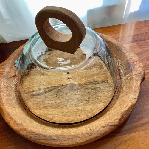 Wooden handmade serving platter with glass cover like new