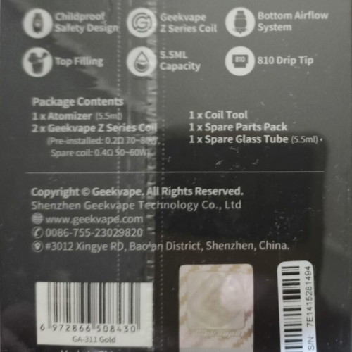 Obelisk 5.5ML atomizer by Geekvape new, gold color