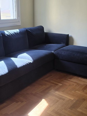 Sofa with storage ottoman, dark blue