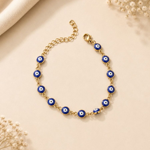 Gold bracelet with blue evil eye beads new
