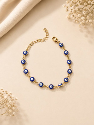 Gold bracelet with blue evil eye beads new