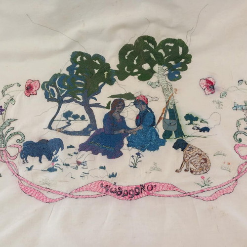 Engraved Folk Art Embroidery 'Ο Αρραβών' on Fabric, Used