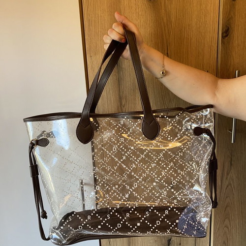 Transparent beach tote bag with brown faux leather, like new