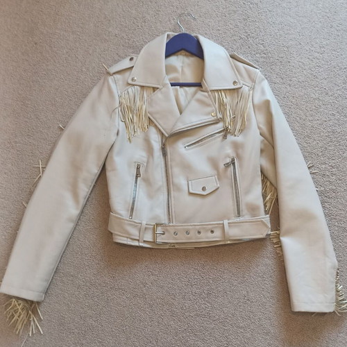 Women's jacket beige size L like new with side zipper and fringes
