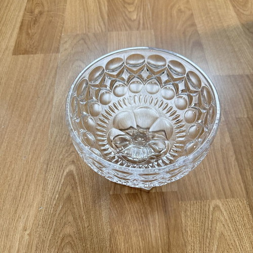 Vintage glass bowl with foot, embossed geometric pattern