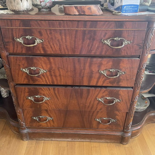 Vintage wooden chest of drawers with 4 drawers, brass handles, mahogany veneer