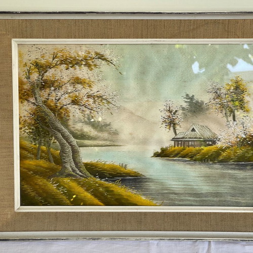 Japanese silk embroidery painting used with frame and glass