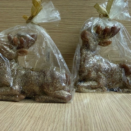 Christmas decorative reindeer candles set of 2 new, gold glitter