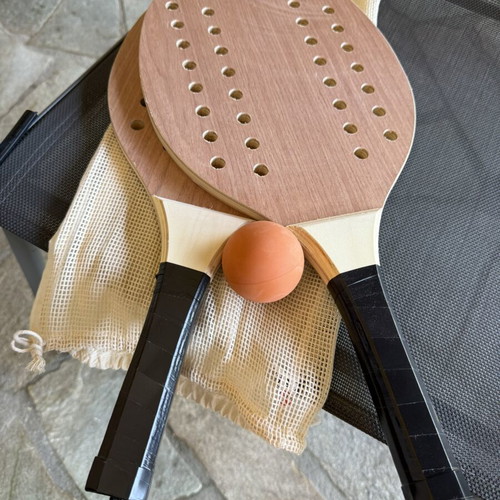 Wooden beach rackets set with ball and case new