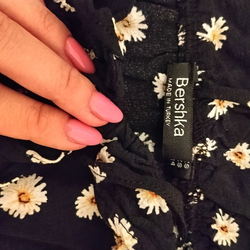 Bershka blouse with off-shoulder design, black with white daisies, size S