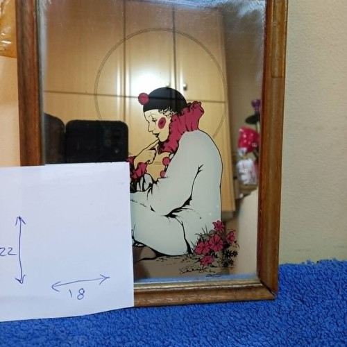 Wall mirror with Pierrot clown print in wooden frame, used 1980s