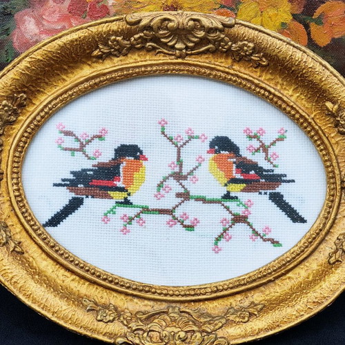 Vintage gobelin with birds used, golden baroque relief frame