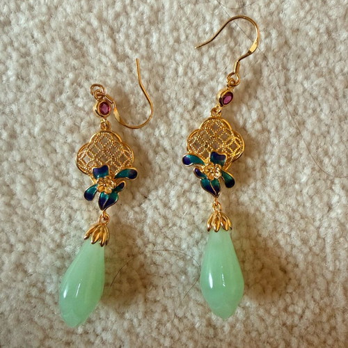 Oriental Chinoiserie Earrings with Jade Drop and Turquoise Enamel