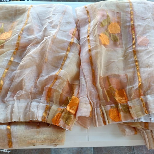 Curtains organza with embossed yellow flowers and orange stripes, new set of 2