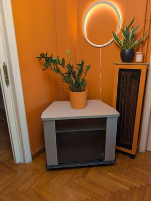 Corner showcase TV stand with wheels used, wood and glass doors
