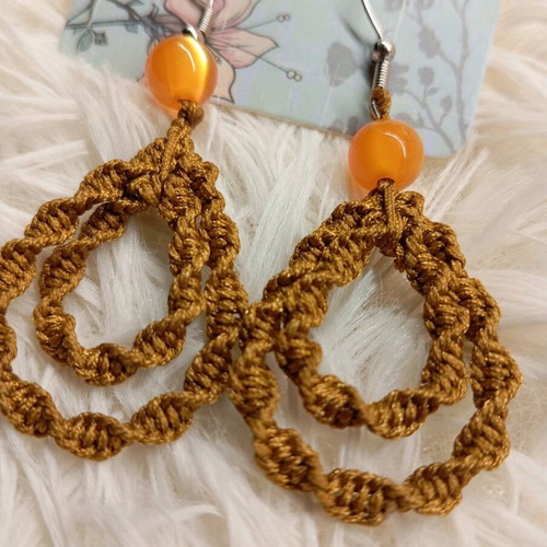 Macrame handmade earrings orange, new with stainless steel clasps