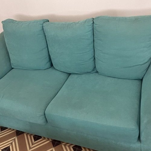 Living room set with 2 fabric sofas and 3 coffee tables used