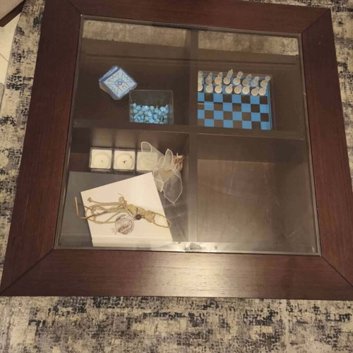 Living room table used, dark wood with square glass top