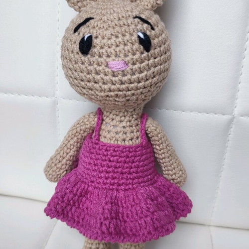 Amigurumi knitted bunny new with fuchsia dress
