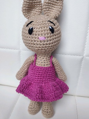 Amigurumi knitted bunny new with fuchsia dress
