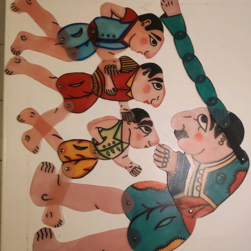 Spatharis figure set new, Karagiozis with 3 plastic puppets