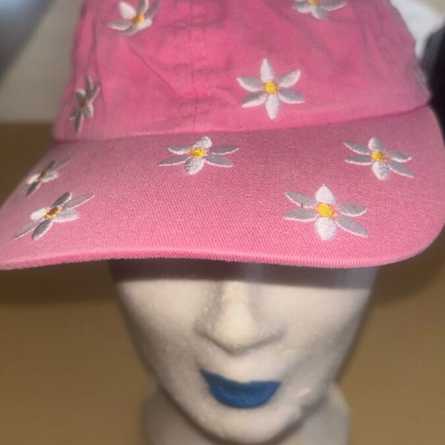 Jockey hat used with embroidered daisies, size L, white and pink