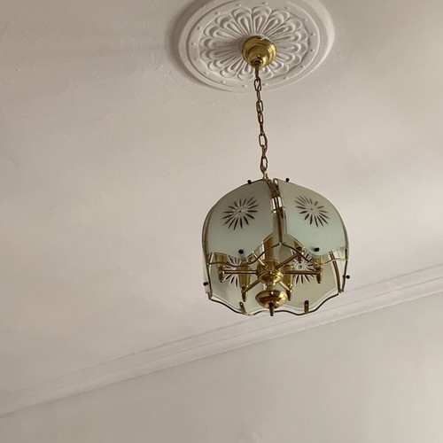 Chandeliers brass and glass with designs, like new, set of 2