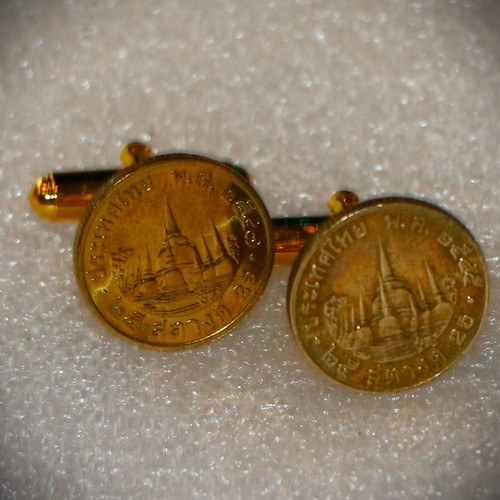 Cufflinks with old 25 Satang coins, new, gold plated