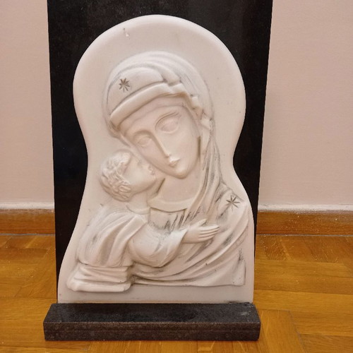 Virgin Mary marble icon with granite chess piece