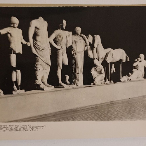 Postcard Museum of Olympia East Pediment of Zeus Temple 460 BC used, black and white